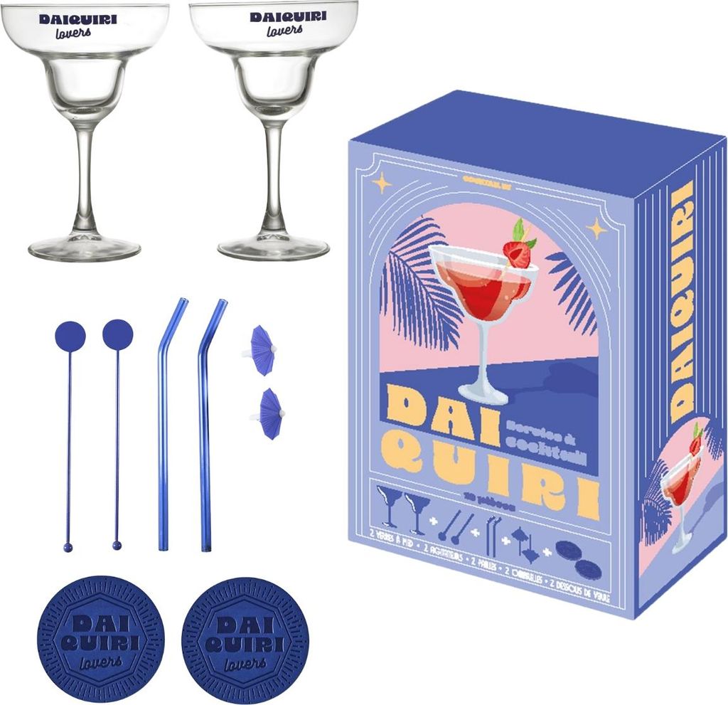 HowHomely | Cocktail-Set 10 tlg - Glas Cocktailrührer Trinkhalm Schirmchen - tolle Geschenkidee - DAIQUIRI