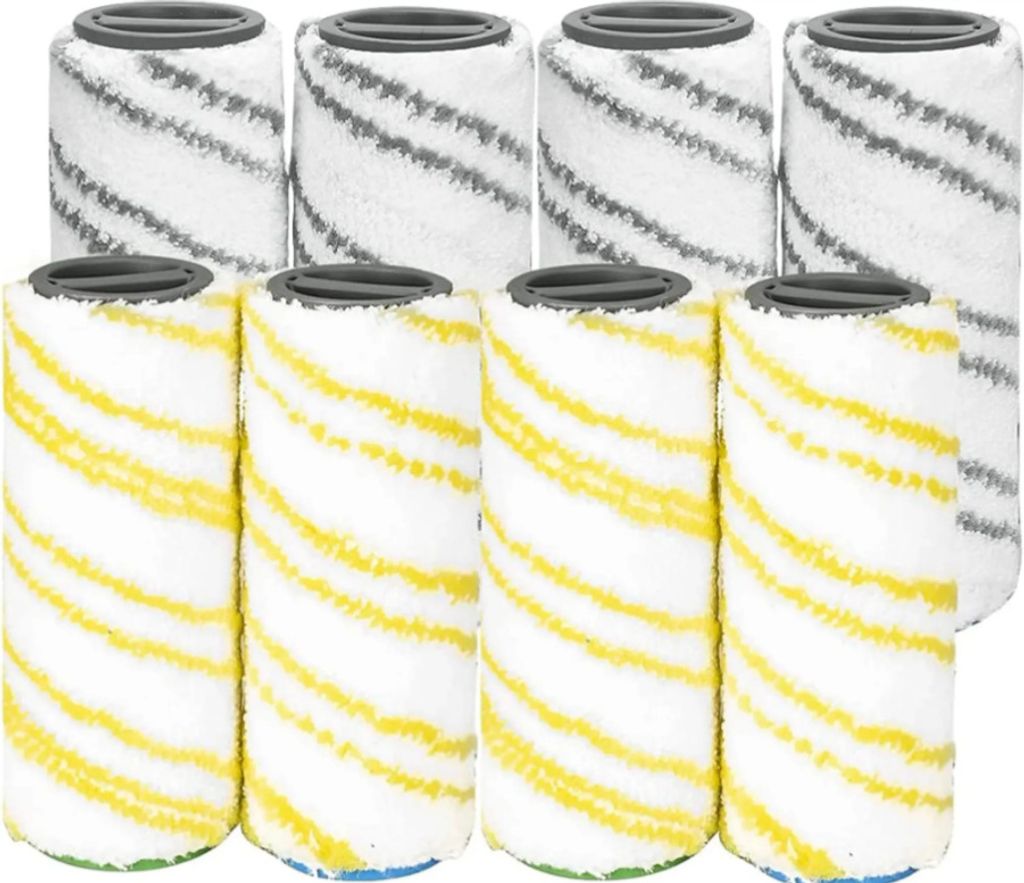 A collection of cleaning roller brushes with yellow and gray stripes.