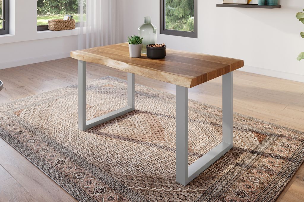 Esstisch 140 x 80 cm Akazie massiv natur Baumkantentisch U-Gestell silber ATLAS