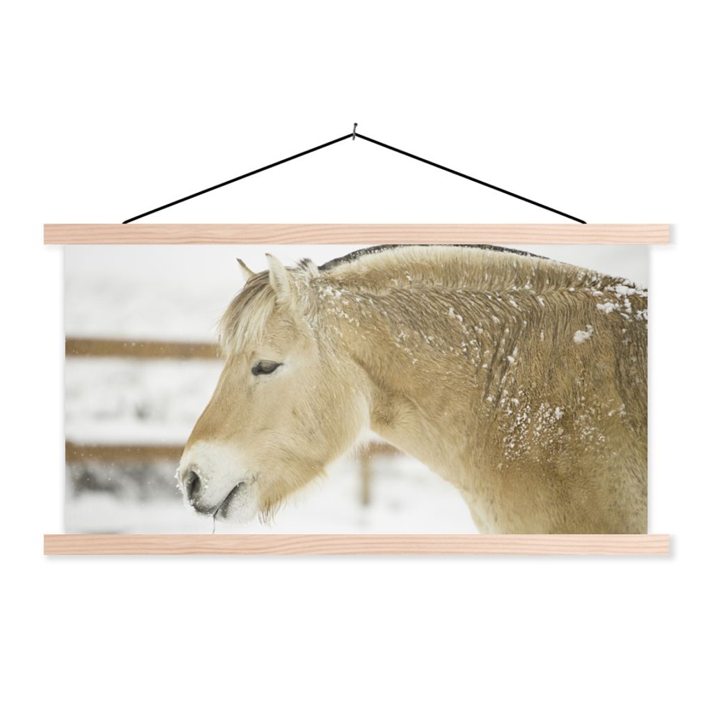 MuchoWow Textilposter Nahaufnahme eines Fjordpferdes im Schnee 120x60 cm mit holzfarbenen Rahmen - Klemmleiste