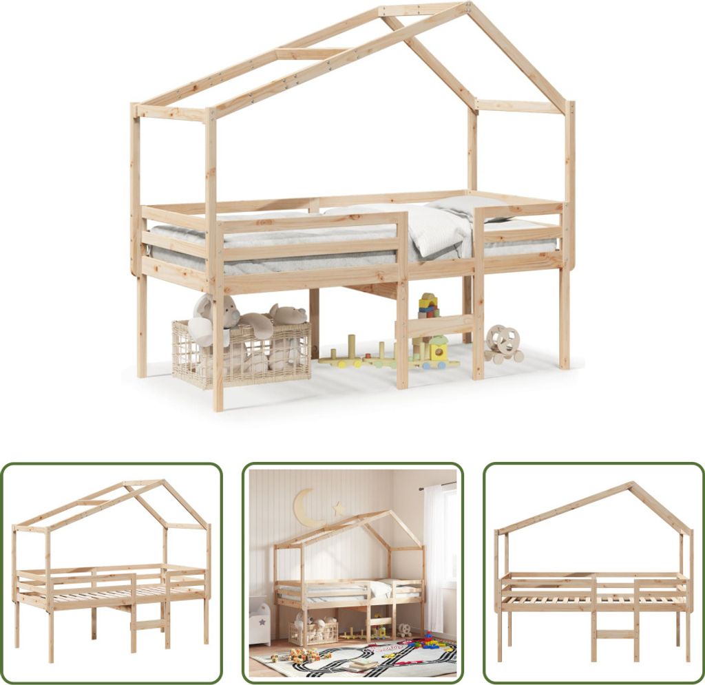The Living Store Hochbett mit Dach 75x190 cm Massivholz Kiefer