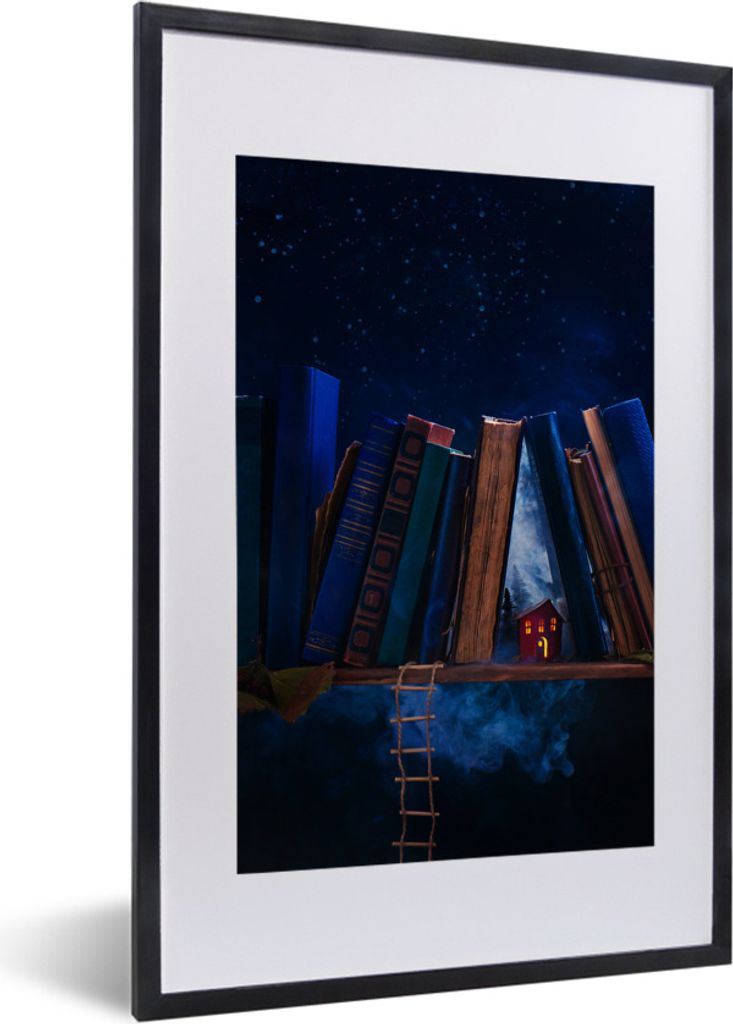 MuchoWow MuchoWow Gerahmtes Poster Verlassenes Haus inmitten der Bücher 40x60 cm - Poster mit zchwarzem Bilderrahmen - Poster in Rahmen