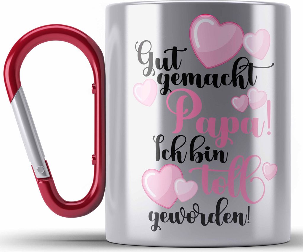 Trendation - Vater Geschenk Edelstahl Tasse Karabiner Vatertag Geschenkidee Papa Geschenke von Tochter Lustige Edelstahl Tasse Karabiner (Rot)