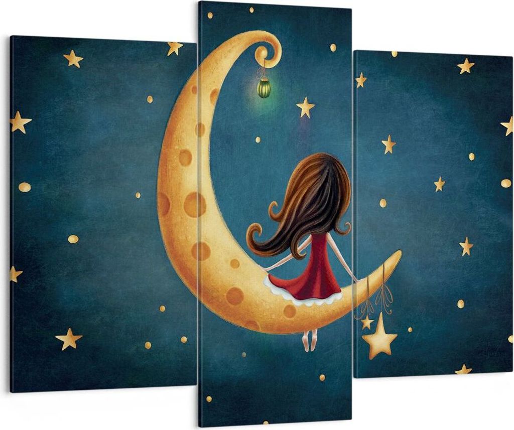 Bild auf Leinwand - Leinwandbild - 3 Teile - Kinder Mädchen Mond - 130x100cm - Wand Bild - Wanddeko - Wandbilder - Leinwanddruck - Bilder - Wandde...