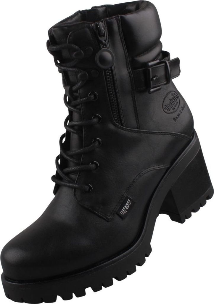 A black leather boot with laces and a buckle.