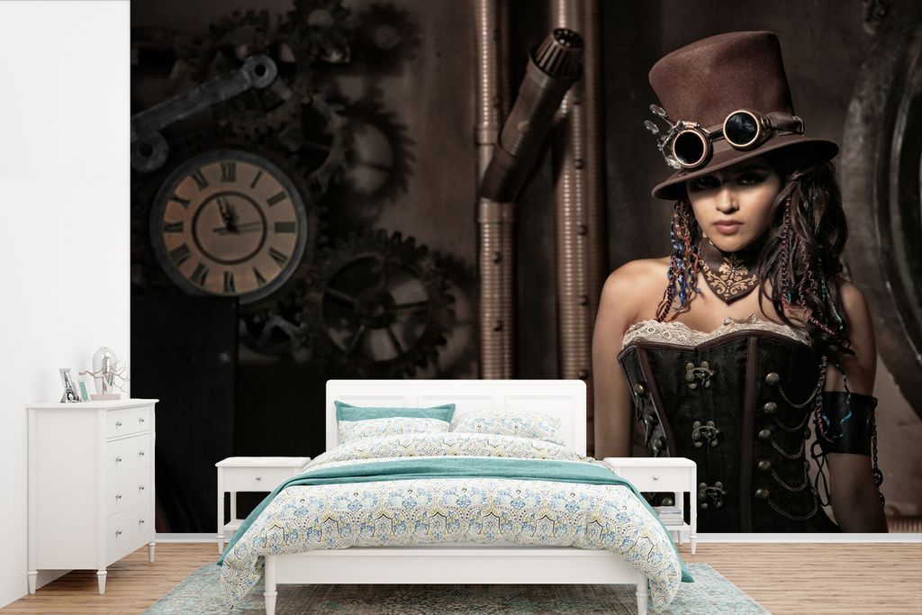 MuchoWow Fototapete für Wohnzimmer oder Schlafzimmer Wandtapete Vinyl Motivtapete Steampunk Frau - 600x400 cm - Vinyltapeten