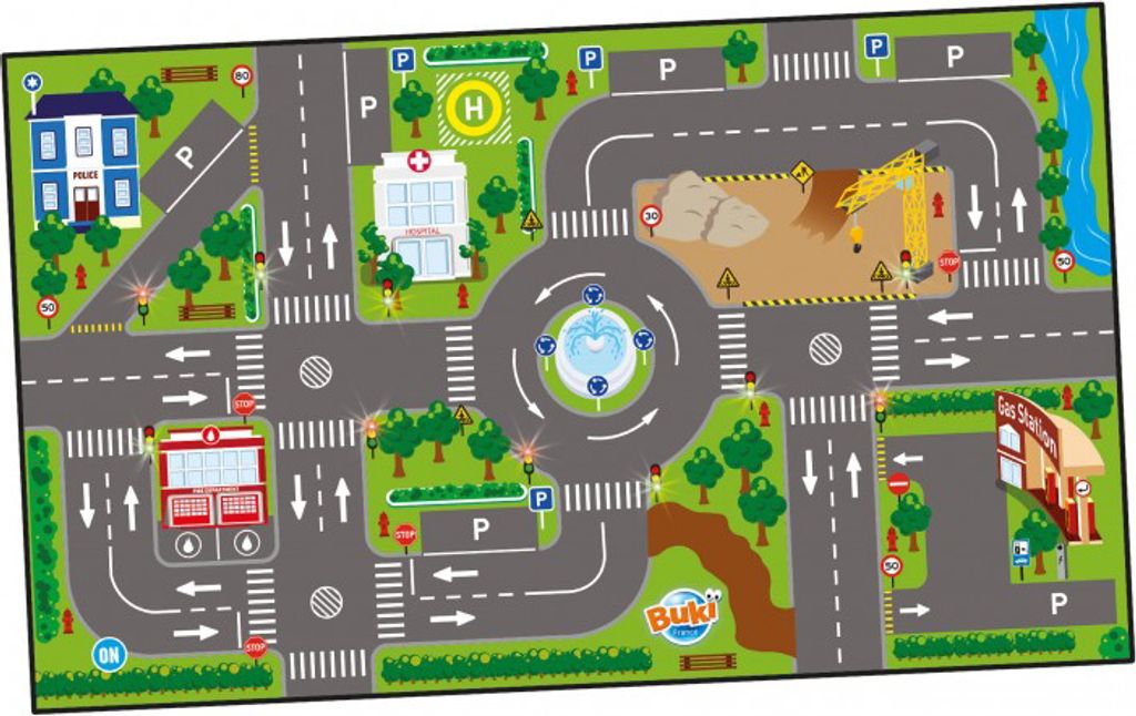 A play mat depicting a city scene with roads, buildings, and various city elements.