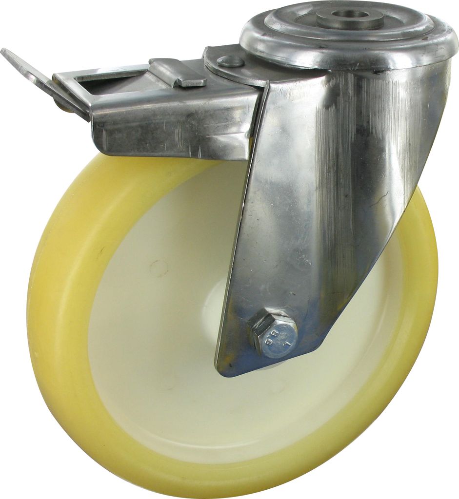 Edelstahlrollen Lenkrolle mit Feststeller Ø125mm Polyurethan Rückenloch