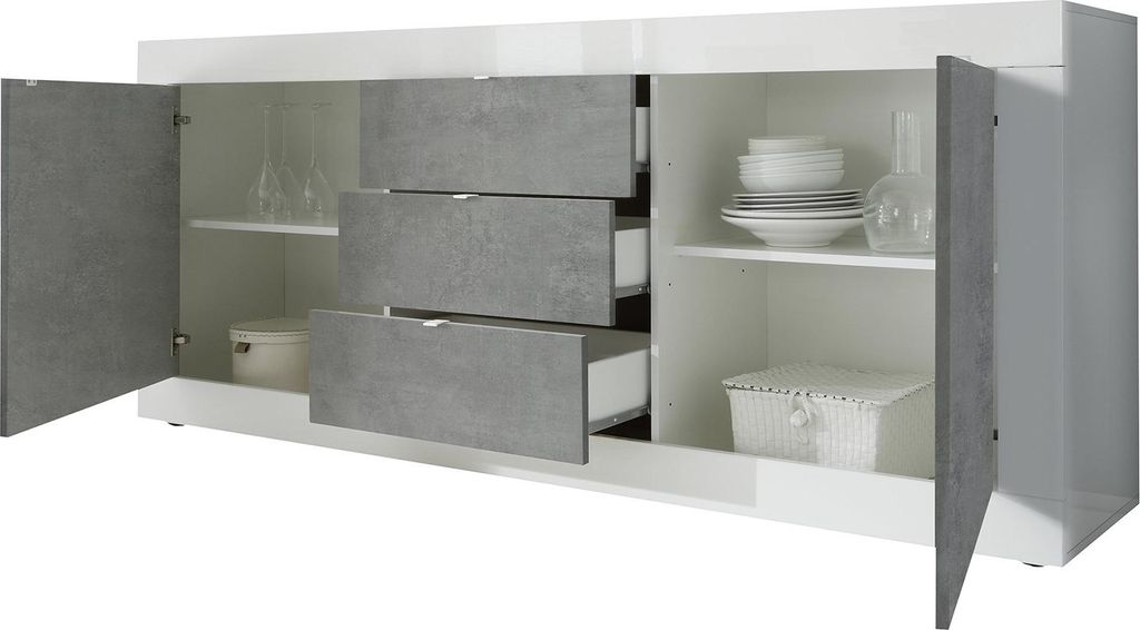 Dmora Kommode Pasubio 210x42x85,8h cm Weiß Hochglanz, 3 Schubladen 2 Regale