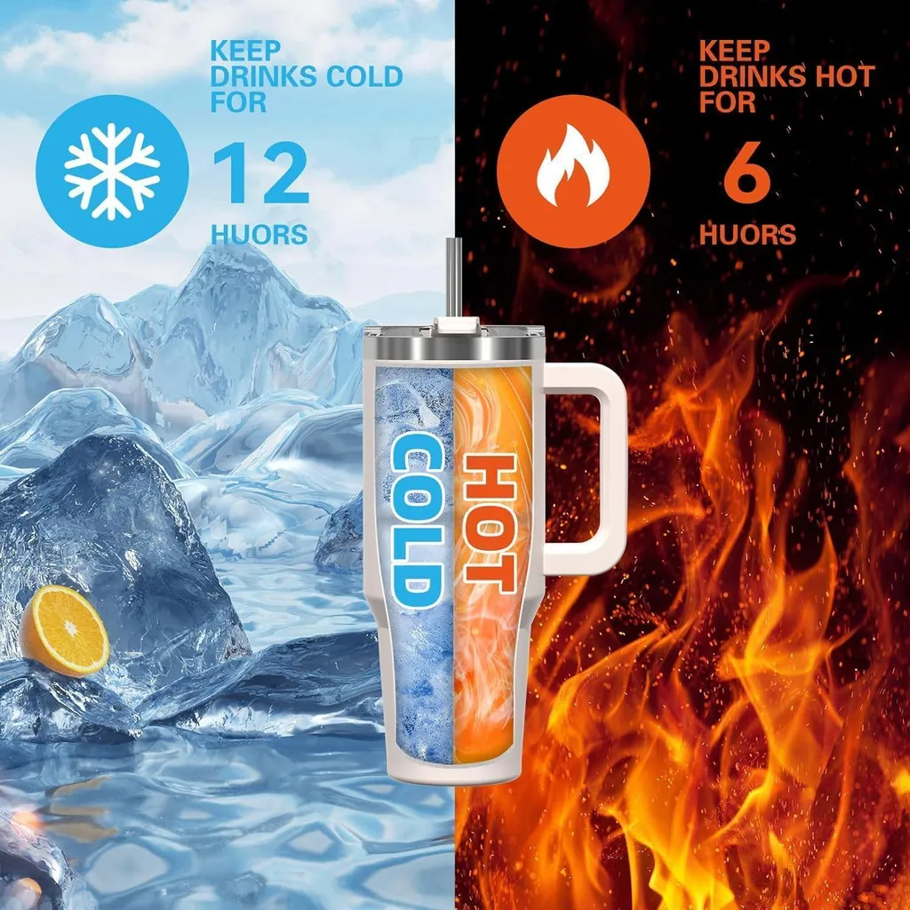 tazza Thermo Mug to Go da 30 oz in acciaio inox a doppia parete a prova di perdite con manico e cannuccia Beige chiaro - 7
