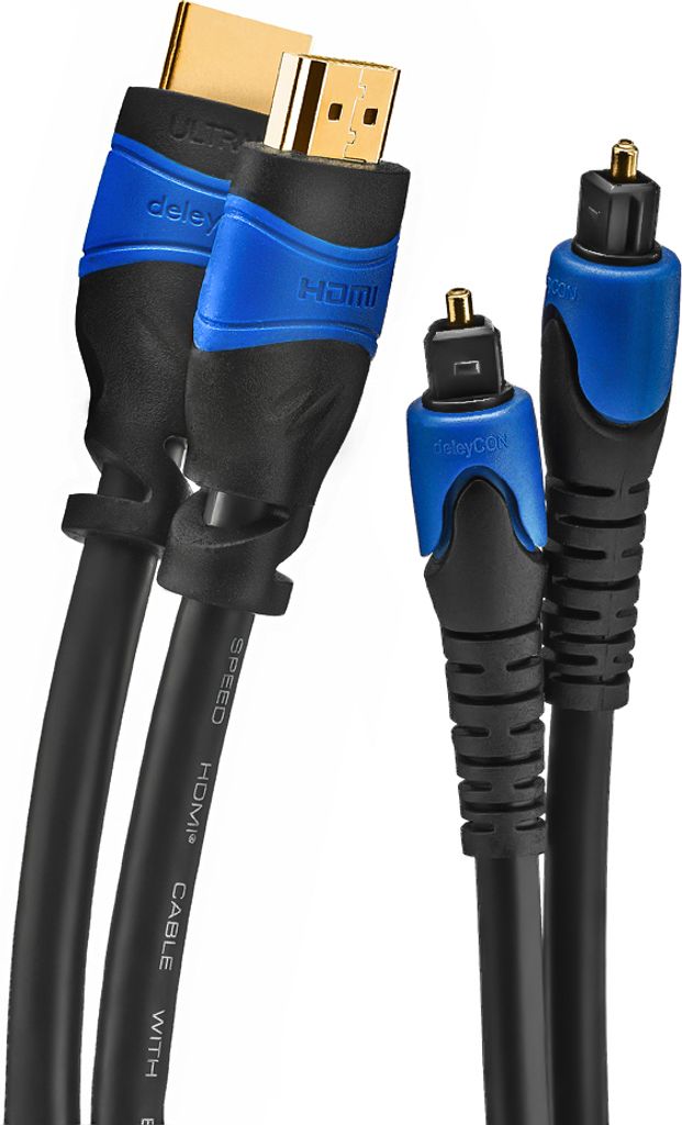 deleyCON 1x 2m HDMI Kabel + 1x 2m Toslink Kabel als Set - Digitales Optisches Audiokabel - UHD 4K HDR 3D 1080p 2160p ARC