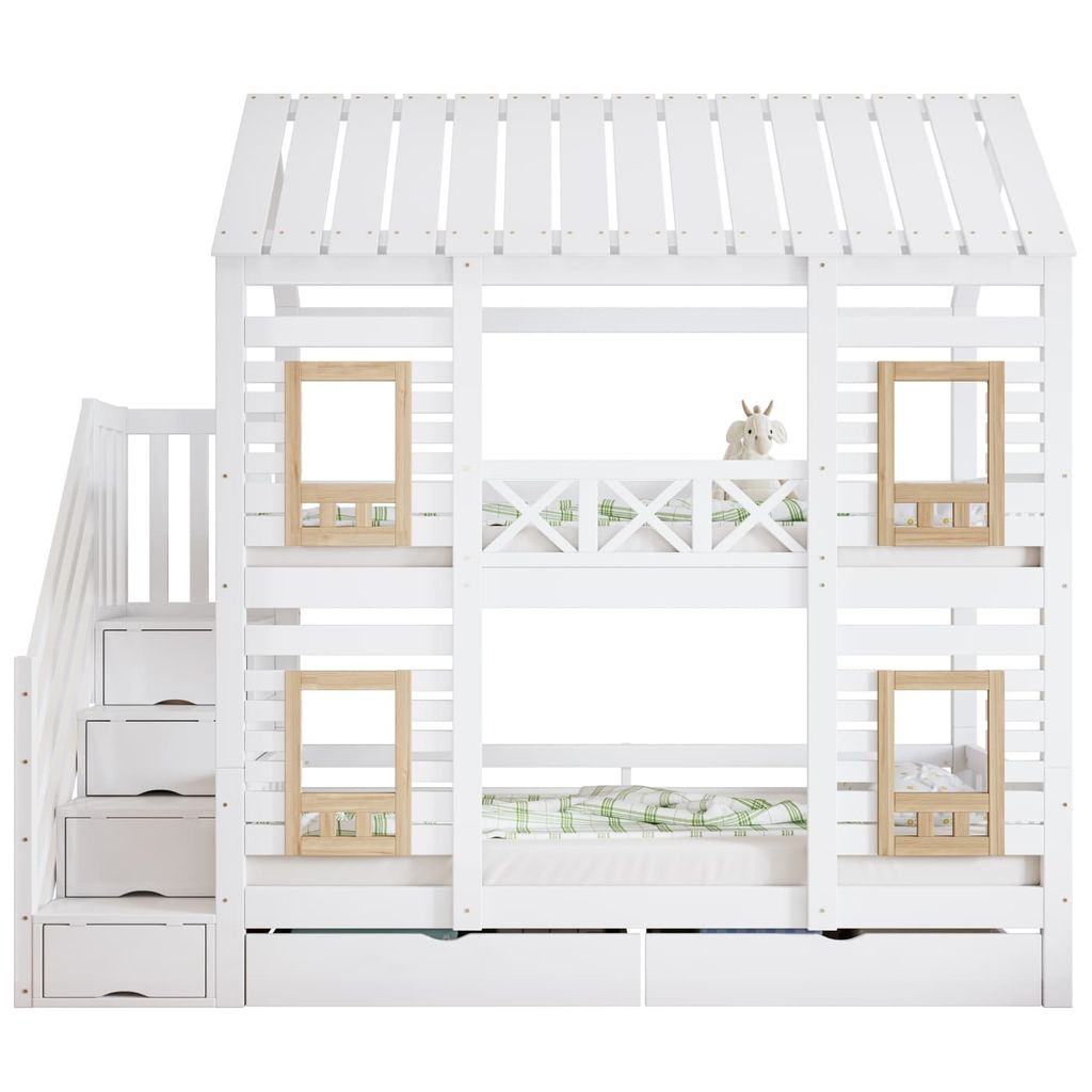 Etagenbett, Kinderbett, Mit farblich abgesetztem Fallschutzgitter, mit Fenster, Zwei Schubladen mit Rollen, Treppe mit 4 Ablagefächern, Kiefer+MDF