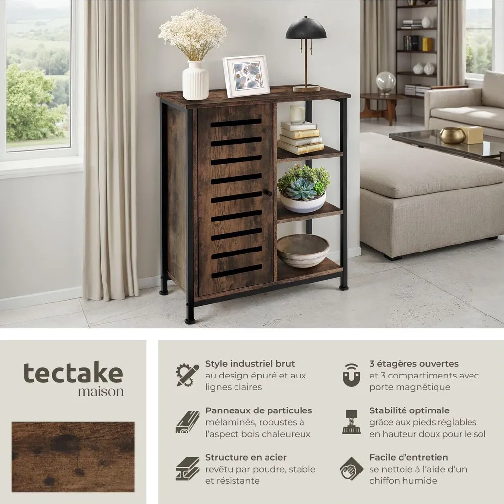 Petit Buffet de Rangement Bois Foncé et Métal 71cm Style Industriel