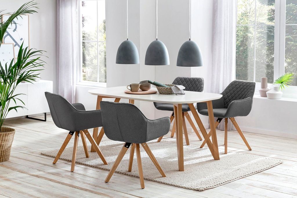 SalesFever Essgruppe 5-tlg. | 160 x 90 cm | Tischplatte weiß + Gestell Eiche | 4x Stuhl Textil grau + Beine Eiche