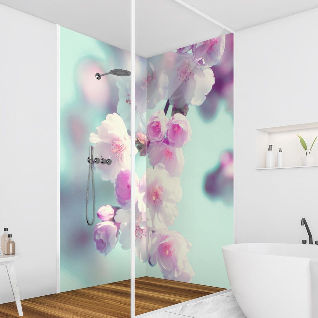 Duschrückwand Blumen selbstklebend - 0.35 mm Wandpaneel wasserfest Kirschblüte rosa Motiv Badrückwand fugenlos Smart matt 80x190 cm