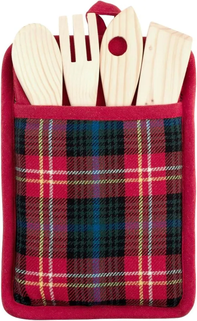 Porta mestoli tartan in 50% cotone riciclato e 50% poliestere contenente 4 mestoli in legno e 1 strofinaccio cm 70x50