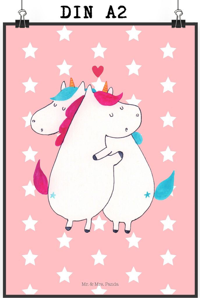 Mr. & Mrs. Panda Bild Einhorn Mitteilung DIN A2 - Rot Pastell - Geschenk, Posterdruck, Unicorn, Wandbild, drucke, Valentinstag, Einhörner, wanddek...