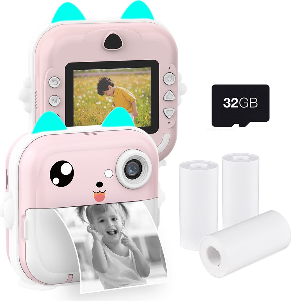 Q5 2in1 Thermodruck Kinderkamera, Digitalkamera Foto-Selfie HD-Video 2400W-Pixel, 2,4" Bildschirm, mit 32GB Speicherkarte 3 Druckpapier