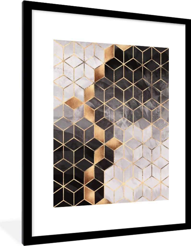 MuchoWow Gerahmtes Poster Abstrakt - Würfel - Gold - Muster - Schwarz - Weiß 60x80 cm - Poster mit Schwarzem Bilderrahmen Wandposter Rahmen Fot...