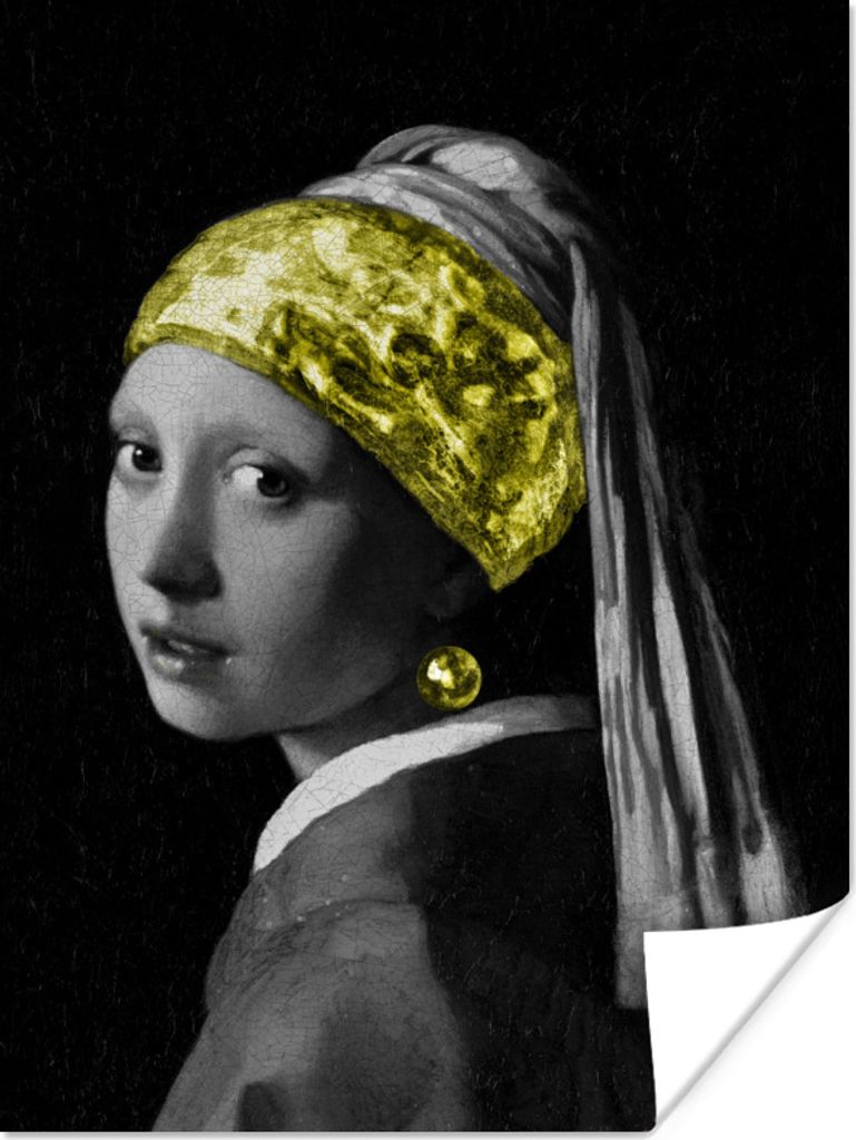 MuchoWow Poster Mädchen mit Perlenohrring - Gold - Schwarz 90x120 cm - Wohnzimmer