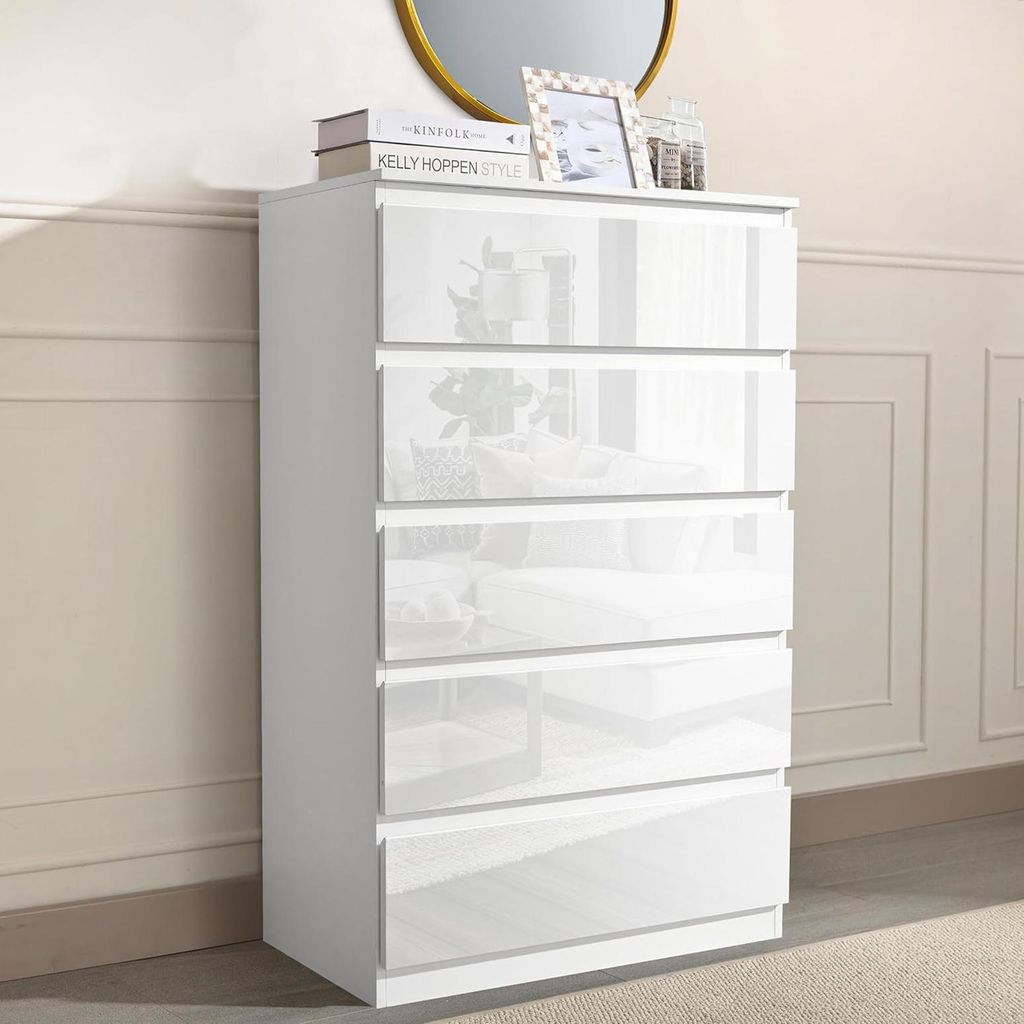 Sideboard Kenji 5 Schubladen Hochglanz Weiß Produktbild 