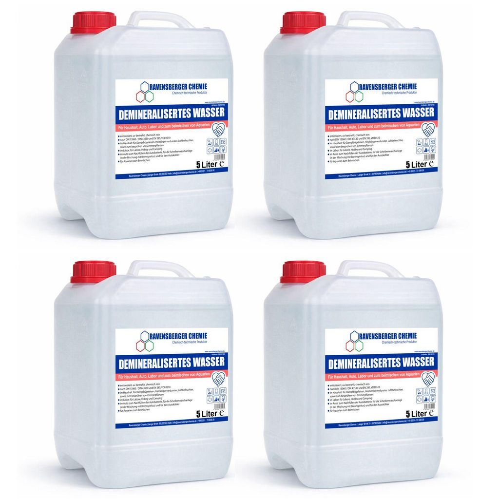 Ravensberger Chemie VE-Wasser – demineralisiert & entionisiert, kalkfrei für Auto, Batterie, Haushalt, Dampfbügeleisen und Labor - 4 x 5 Liter