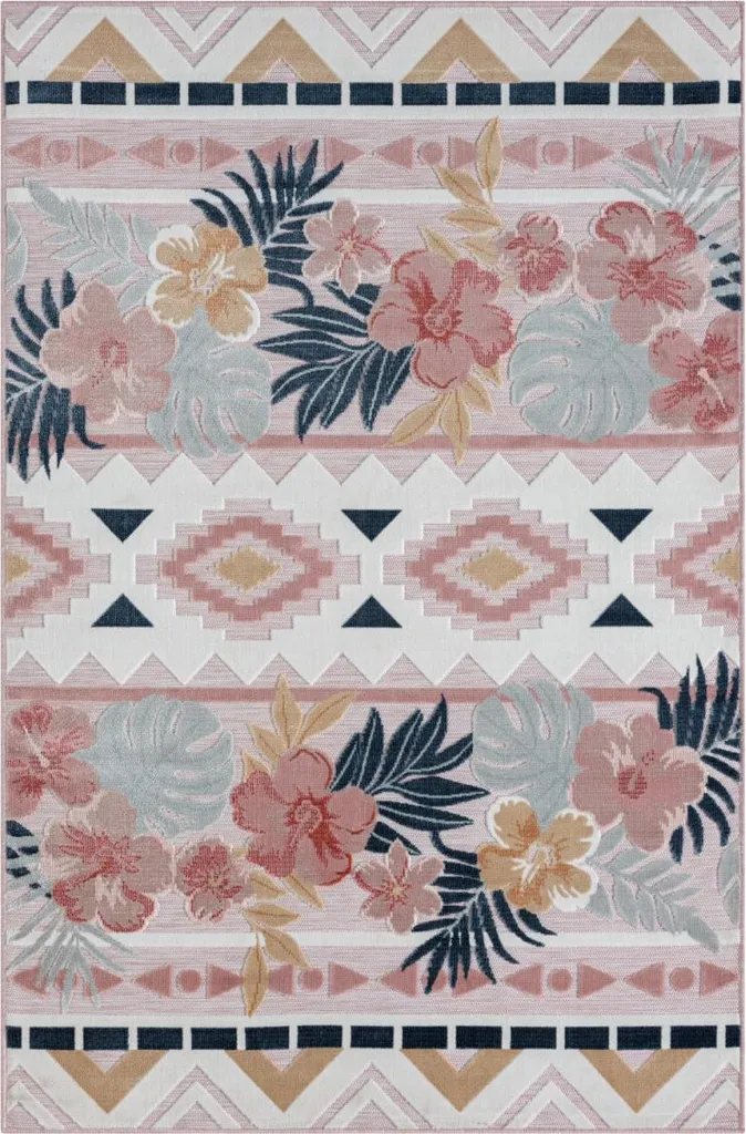 Tapis rose résistant Flora II 80x150 cm - Tapis tissé plat lavable chic