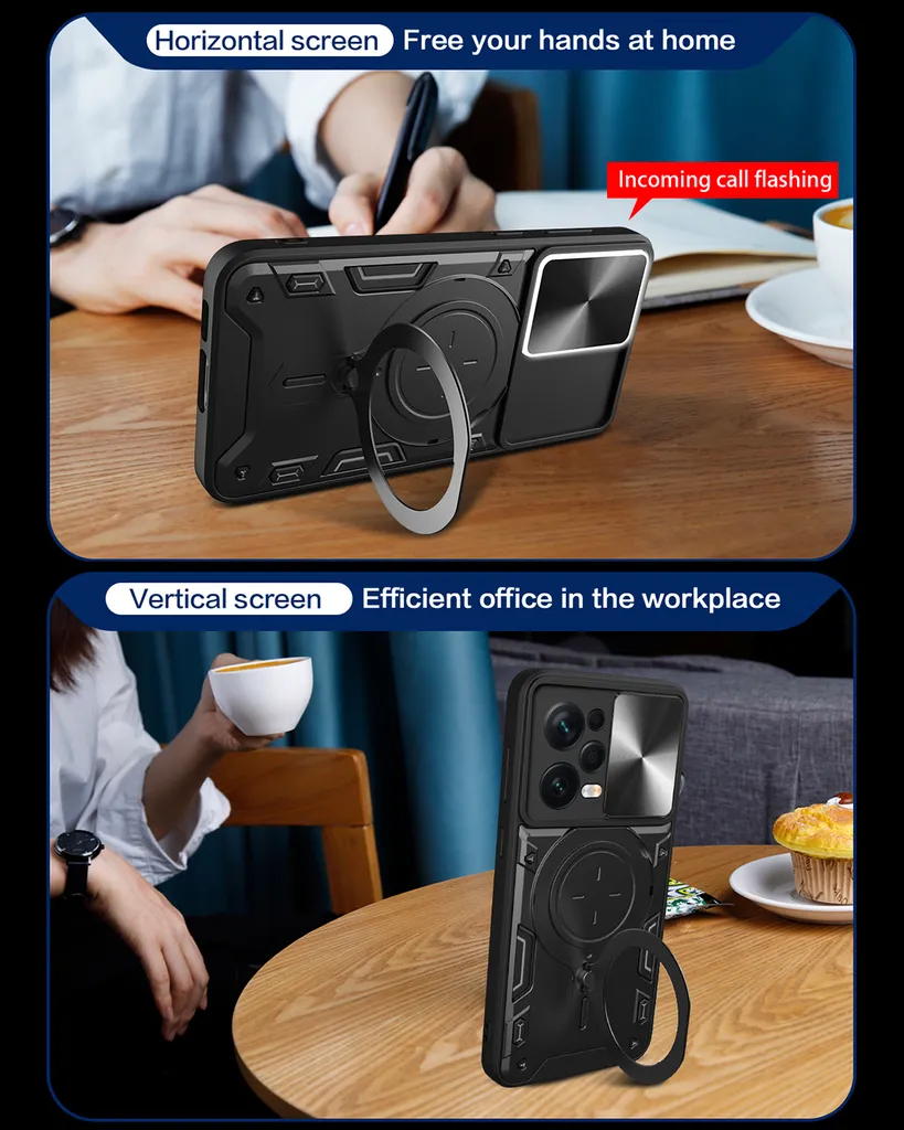 Custodia a doppio strato per iPhone 12 / iPhone 12 Pro Custodia di protezione militare con protezione scorrevole della fotocamera e supporto ad anello / supporto nero