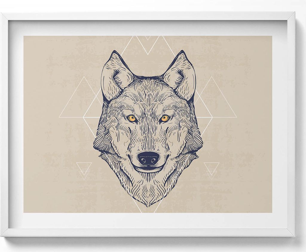 Wolfskopf– Wandbild mit Rahmen – Gerahmtes Bild – Wanddekoration – 80x60 cm – Weiß Rahmen