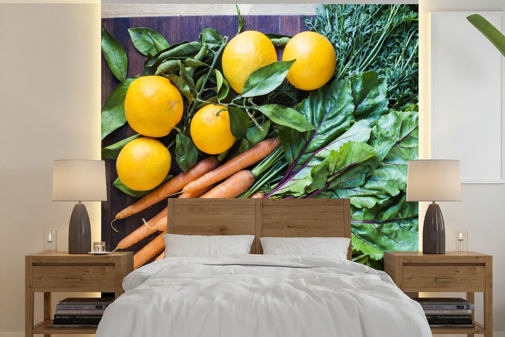 MuchoWow Fototapete für Wohnzimmer oder Schlafzimmer Wandtapete Vinyl Motivtapete Gemüse - Obst - Holzkiste - 300x300 cm - Wanddekoration