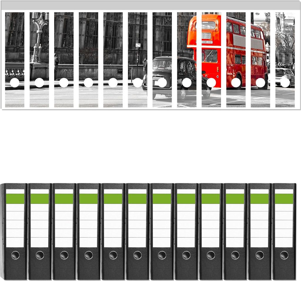 Wallario 12 Stück breite Ordner inkl. Klebeetiketten mit Motive London Red Bus - Set mit Rückenschildern / Ordnerrücken Stickern