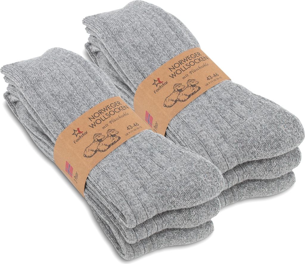 Footstar Wintersocken aus Wolle für Männer (6 Paar) Norwegische Socken mit Plüsch-Frottee-Sohle - Hellgrau