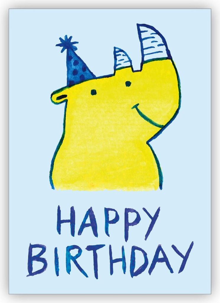 Lustige Geburtstagskarte mit gemaltem Party Nashorn: Happy Birthday