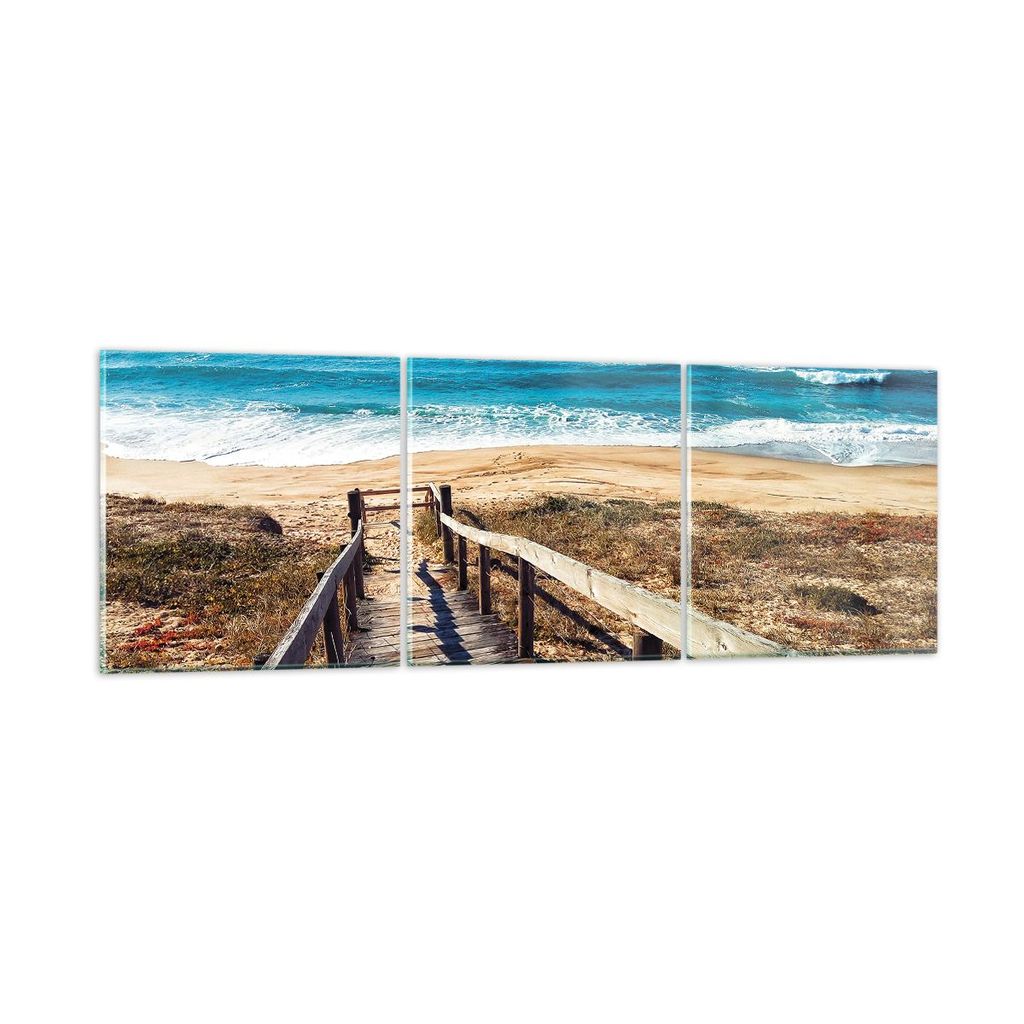 Bilder auf glas - 3 Teile - Meer Strand Eintritt - 150x50cm - Glasbilder - Wandbilder - Bilder - zum Aufhängen bereit - Wanddekoration aus Glas - ...