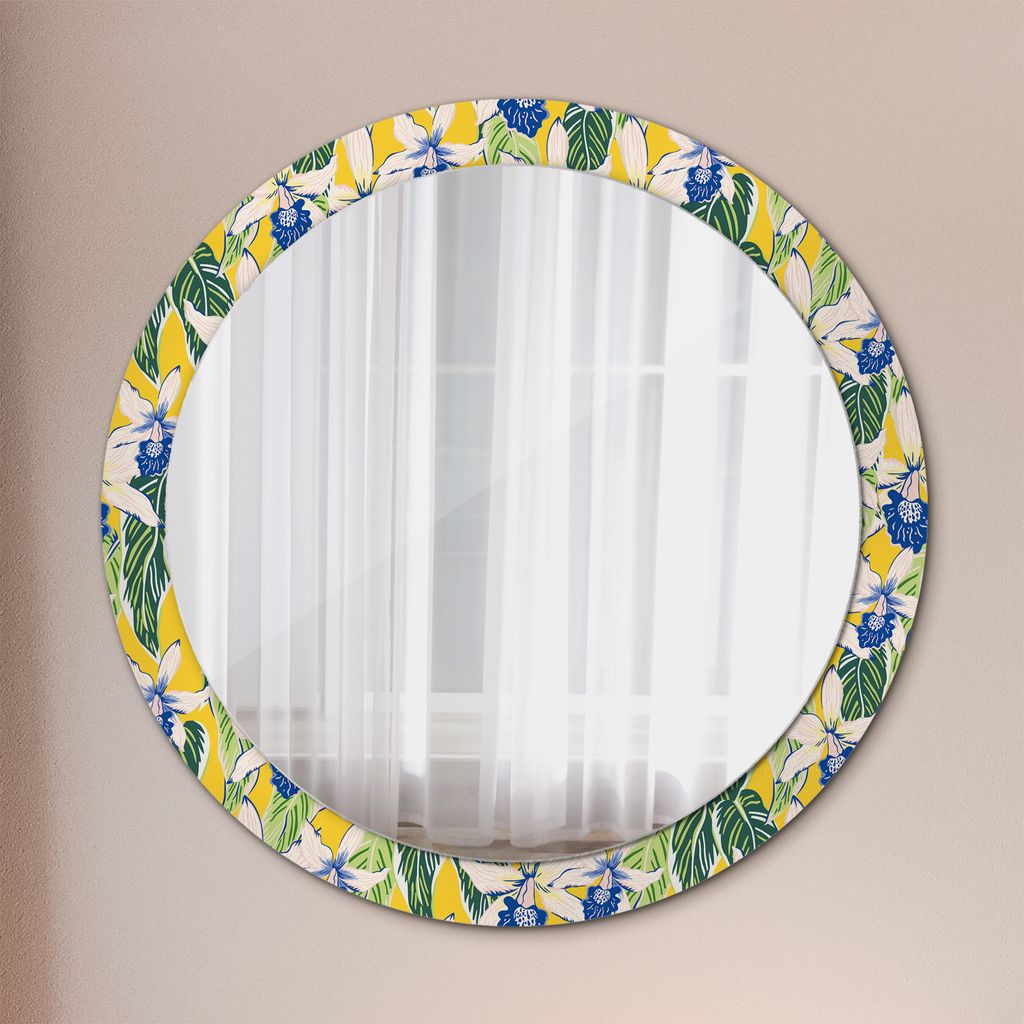 Ø90cm Spiegel - Glasrahmen mit Aufdruck - Wandspiegel Schlafzimmer - blau und gelb Orchideen