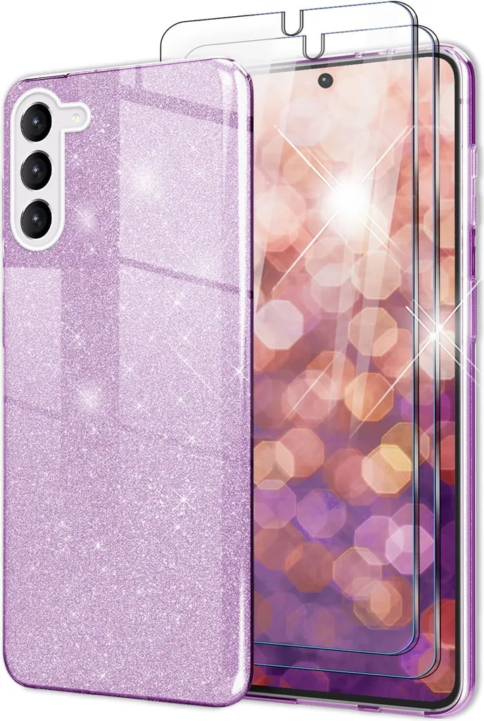 Custodia in silicone ibrido glitterato per Samsung Galaxy S23, 2 protezioni per lo schermo viola