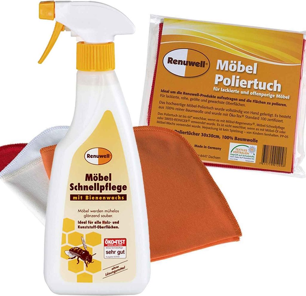 Renuwell Möbel Schnellpflege 500 ml - Möbel Poliertuch 4 Stück Spar-Set