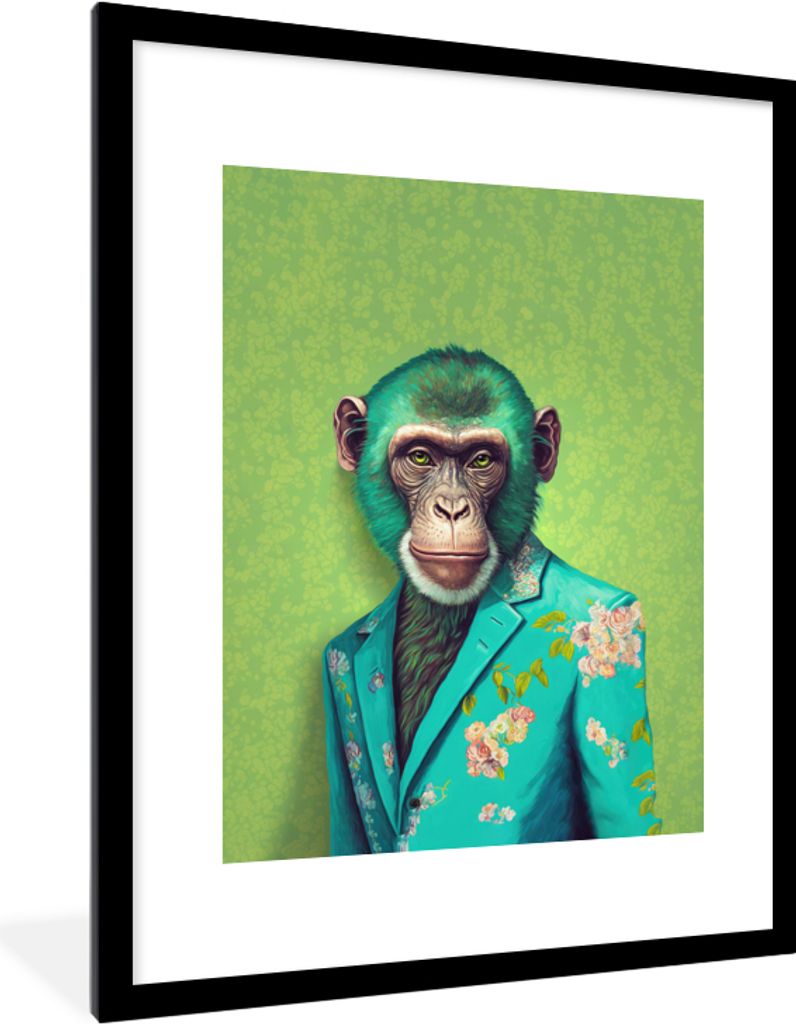 MuchoWow Gerahmtes Poster Affe - Colbert - Blumen - Neon - Porträt 60x80 cm - Poster mit Schwarzem Bilderrahmen Wandposter Rahmen Foto Bilder - ...