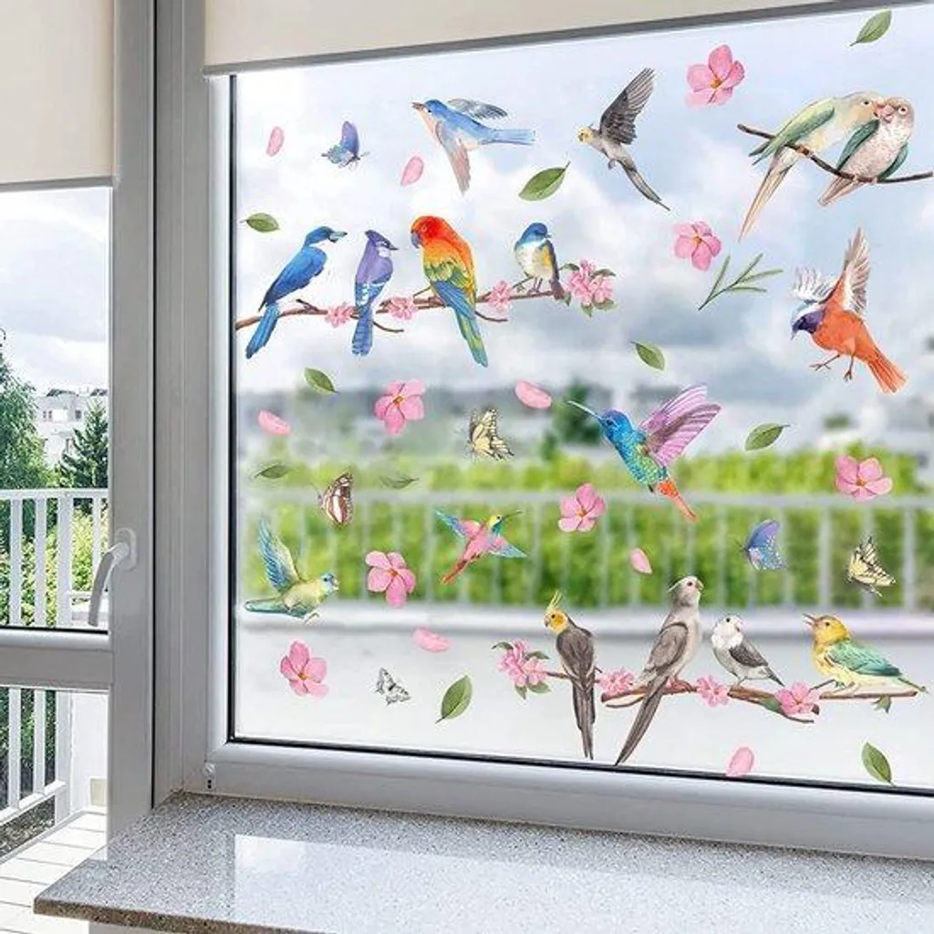 Autocollants muraux roses oiseaux et fleurs pour déco chambre fille