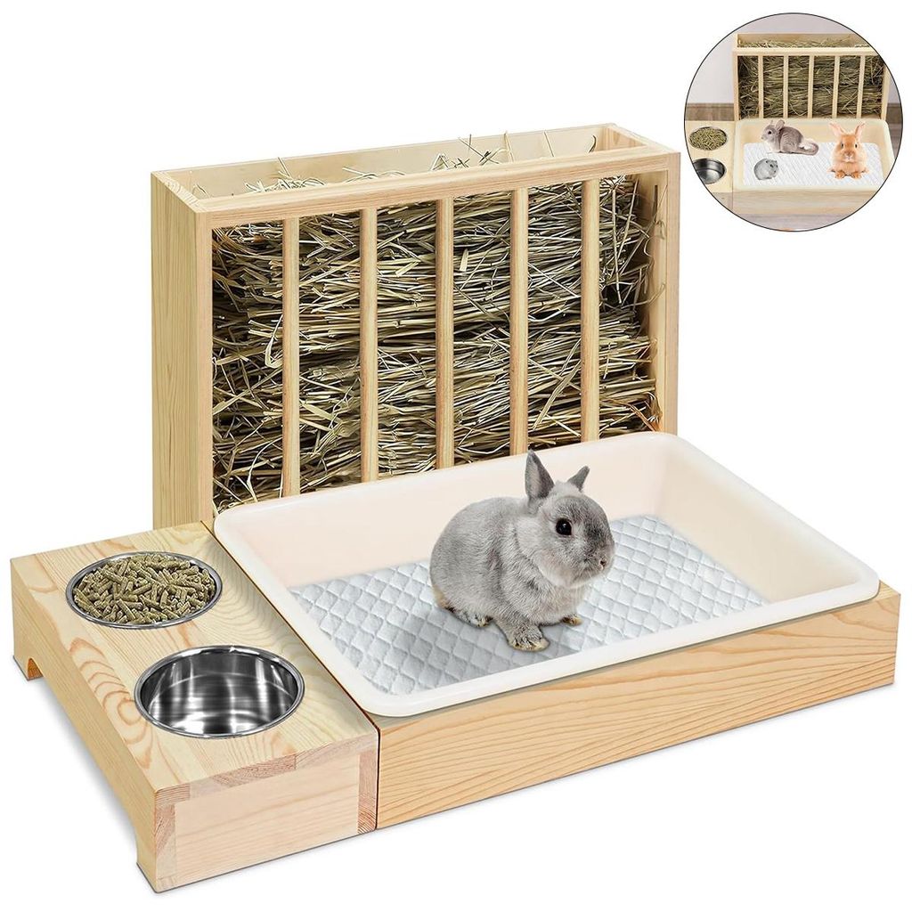 3in1 Kaninchen Heu Futterspender mit Katzentoilette Holz Heuraufe 2 Näpfe Kleintier Käfig Zubehör für Kaninchen Meerschweinchen