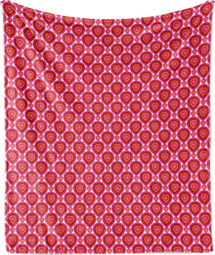 ABAKUHAUS Coperta in morbido pile di flanella con cuori, vivace motivo grafico a piastrelle con cuori a forma di goccia San Valentino, 175 x 230 cm, rosa rosso arancione