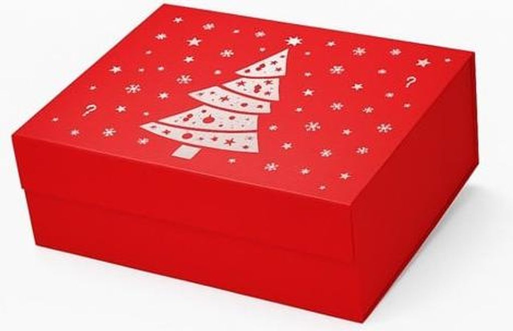 A red Christmas-themed gift box with white snowflakes and a Christmas tree design.