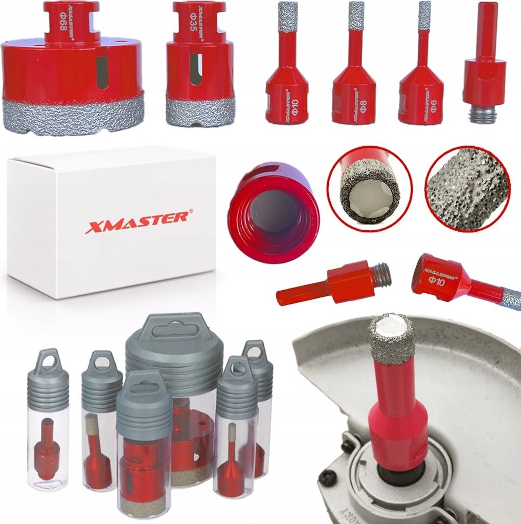 A collage of diamond drill bits, a box, and accessories for drilling.