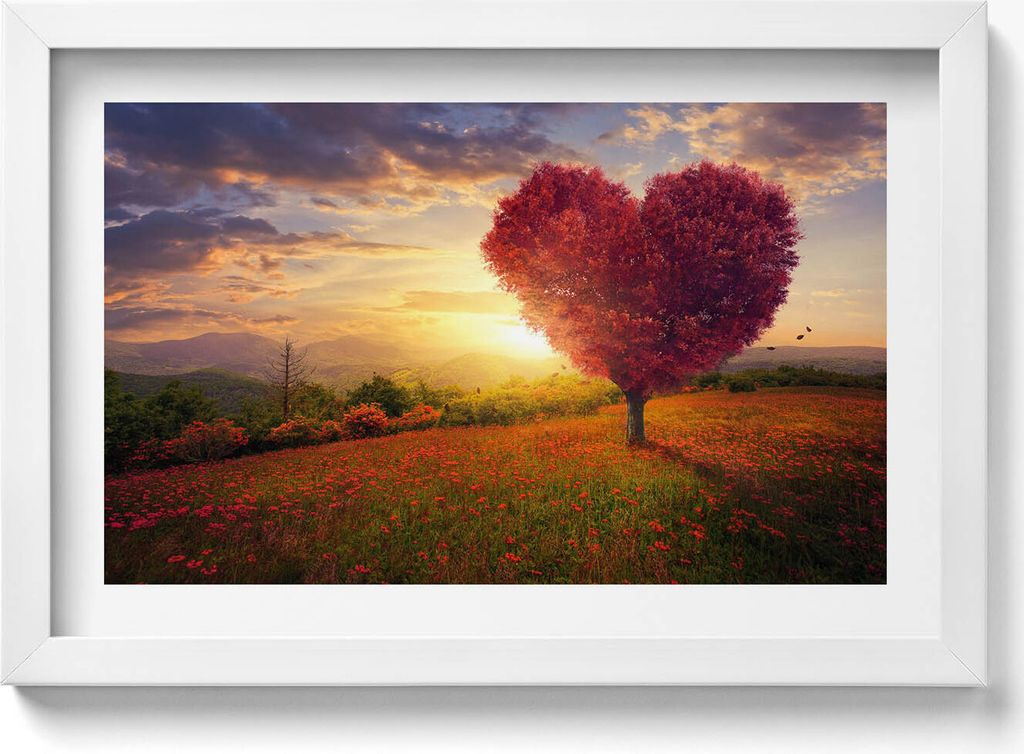 Herzförmiger Liebesbaum– Wandbild mit Rahmen – Gerahmtes Bild – Wanddekoration – 30x20 cm – Weiß Rahmen