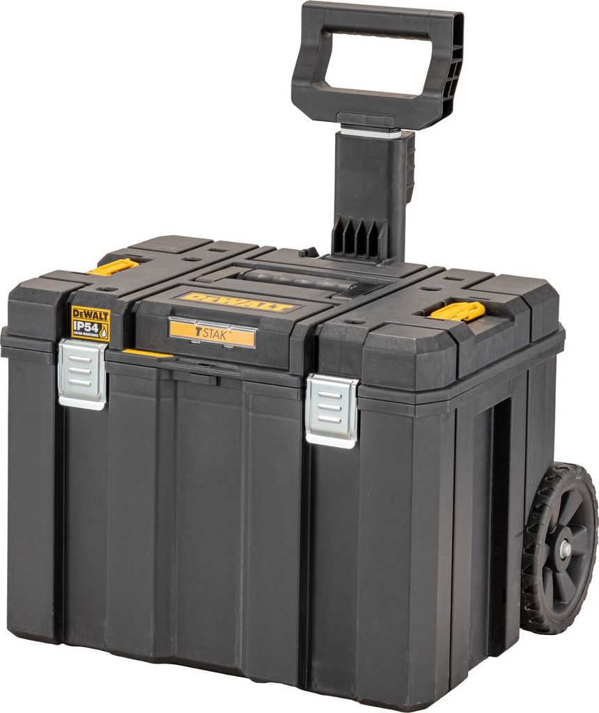A black DeWALT T-STAK mobile tool box with yellow accents and a retractable handle is shown against a white background.