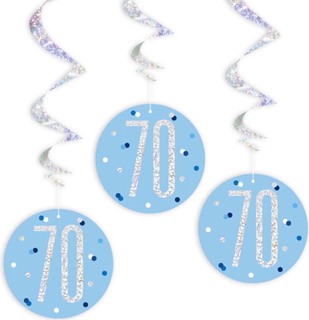 6 Swirl Girlanden blau & silber Zahl 70