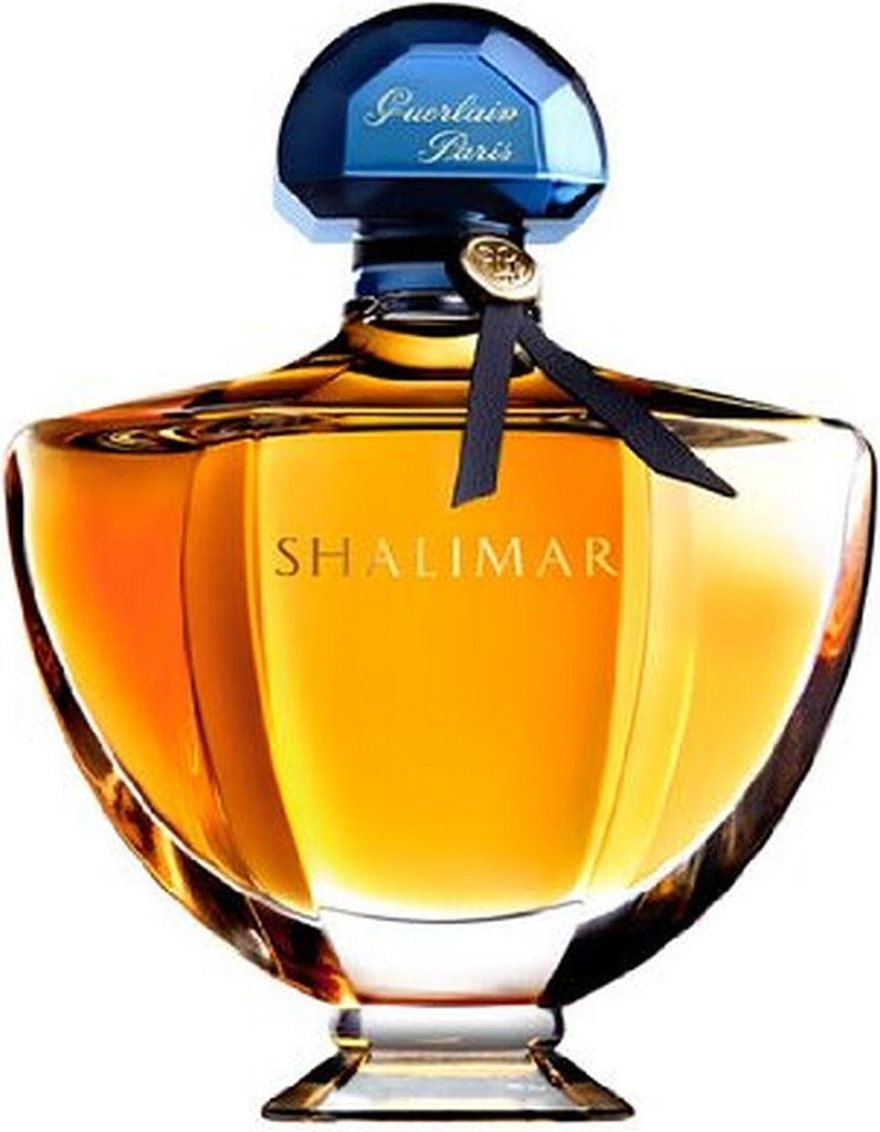 A studio shot of a Guerlain Shalimar perfume bottle.