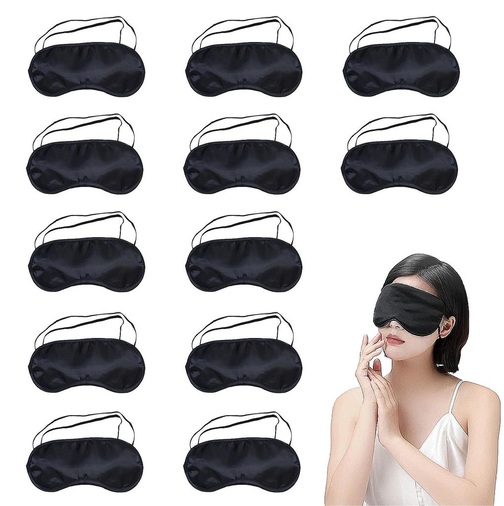 Set mit 12 Schlafmasken für Männer, Frauen und Kinder – schwarz – Polyester-Baumwoll-Mischgewebe – verstellbarer Riemen, vollständige Verd...