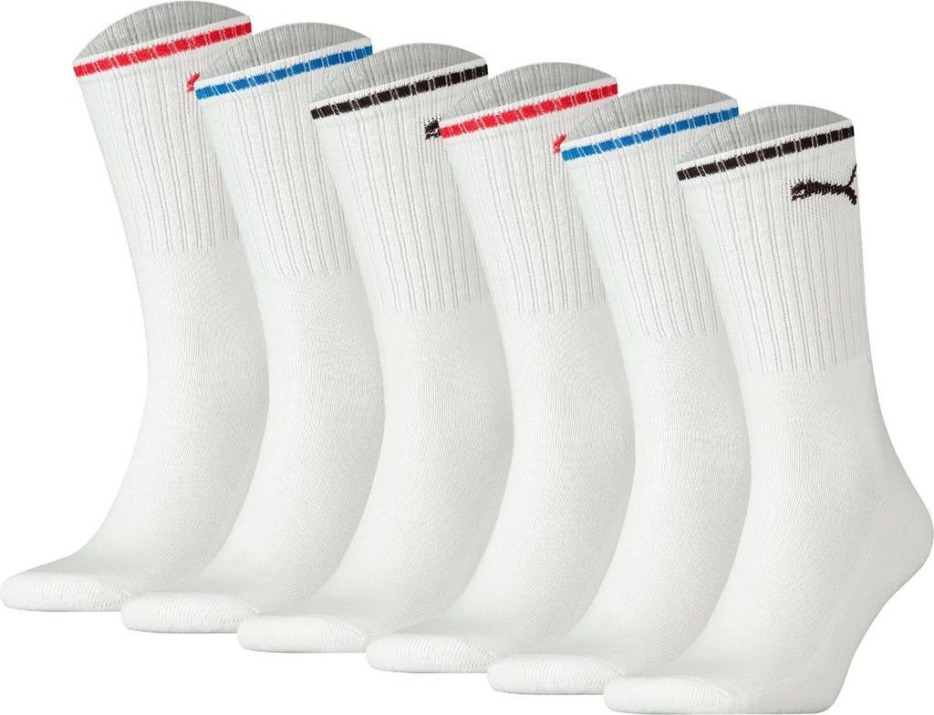 PUMA Uni Sport-Socken, 6er Pack - Sport Crew Stripe, Tennissocken, Streifen Weiß 39-42