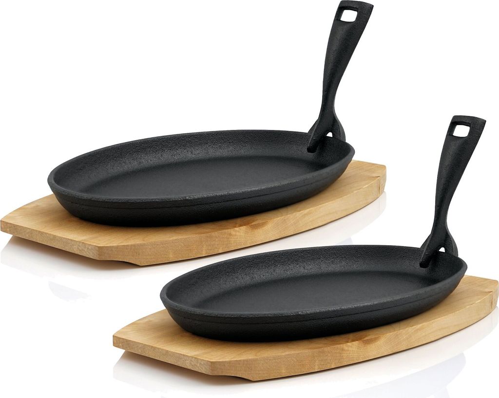 BBQ-Toro Gusseisen Servierpfännchen mit Holzbrett (2x), 27 x 18 cm - oval, schwarz, bereits eingebrannt